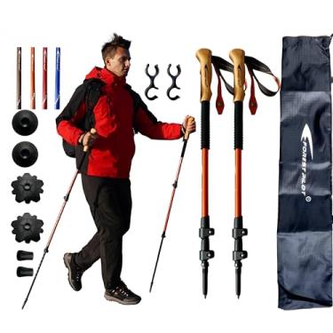 Imagem de FOREST PILOT Bastões de trekking - Alumínio leve 7075 com trava dobrável e acessórios para todos os terrenos - Par de 2 bengalas para caminhada com aderência de madeira de faia - laranja