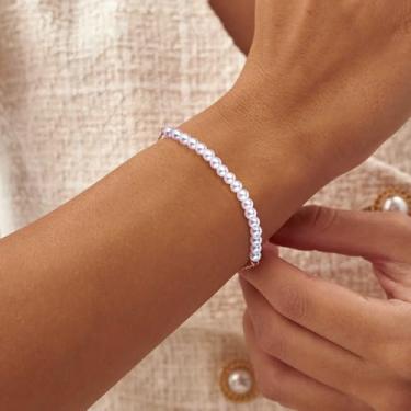 Imagem de Pulseira feminina de corrente delicada de cobre com várias pérolas de 8 mm, joia moderna em camadas com design de charme, perfeita para uso diário, acessório elegante, ouro rosa, One Size, Cobre, Sem