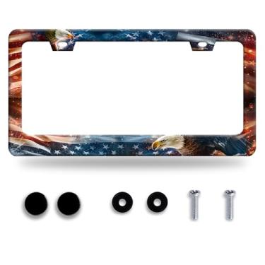 Imagem de Moldura de placa de licença personalizada bandeira americana águia bandeira dos EUA suporte de placa de licença patriótica acessórios de aço inoxidável carro decoração de carros com parafusos serve