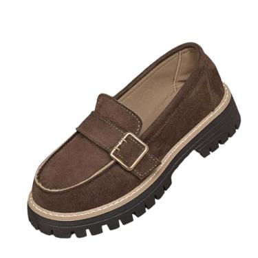 Imagem de Mocassins femininos casuais plataforma, salto grosso, estilo britânico, retrô, moderno, camurça, confortável, Café, 34