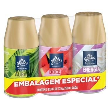 Imagem de Kit Odorizador de Ambiente Aura Fresh + Doce Astral + Energia Floral Glade Automatic 269ml Cada Spray Refil Edição Limitada Embalagem Especial