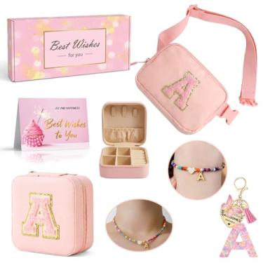 Imagem de Tindisonka Conjunto de pochete rosa para meninas – Bolsa tiracolo 2 em 1 com caixa de joias, colar, pulseira e chaveiro, lindo presente personalizado para idades de 8 a 12 anos
