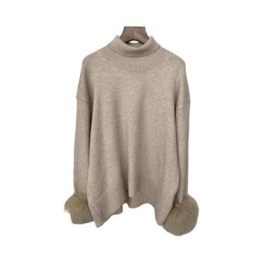 Imagem de Suéter Feminino De Tricô Com Mangas De Pele De Raposa, Ajuste Slim, Mo