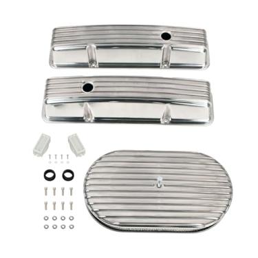 Imagem de BATONECO Tampas de válvula de alumínio retrô estilo alto e kit de purificador de ar oval de 38 cm compatível com motores Chevy de bloco pequeno 58-86 283 305 327 350 400, polido