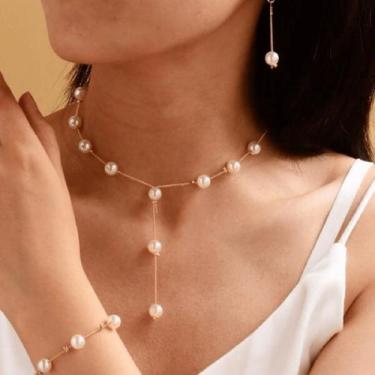 Imagem de Kit Colar com brinco Pulseira Pérola Presente dia Mamãe Dour - anjo da