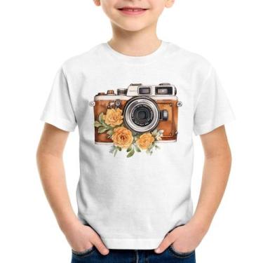 Imagem de Camiseta Infantil Máquina Fotográfica Vintage e Flores - Foca na Moda,