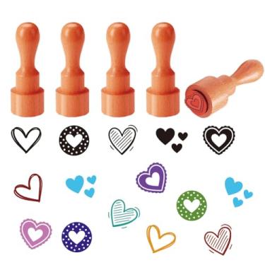 Imagem de AHANDMAKER 5 estilos de carimbos de madeira com estampa de coração, tema de coração de amor, alça redonda, carimbos de madeira, mini carimbos decorativos de madeira para cartões de artesanato