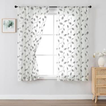 Imagem de OVZME Conjunto de 2 painéis de cortinas transparentes cinza de 153 cm de comprimento, cortinas transparentes com filtro de luz de linho bordado de folha para sala de estar, quarto, cortinas de janela