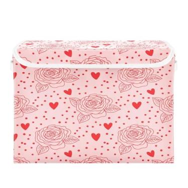 Imagem de Wassud Cestos de armazenamento dobráveis com tampas coração rosas cestas organizadoras de tecido dobrável para armário, decoração sazonal de casa 41,5 x 32,5 x 30,8 cm