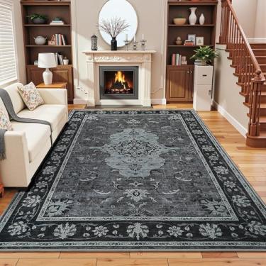 Imagem de Tapete de área 15 x 23 cm, tapetes laváveis para sala de estar, tapete floral vintage, antiderrapante, macio para quarto, lavanderia, sala de jogos, tapetes de fazenda, tapetes de pelo baixo, preto e