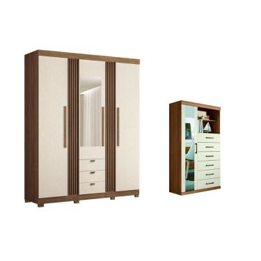 Imagem de Guarda Roupa Solteiro e Closet + Cômoda Kit Qc238 4 Portas 9 Gavetas com Espelho Jatoba-Areia