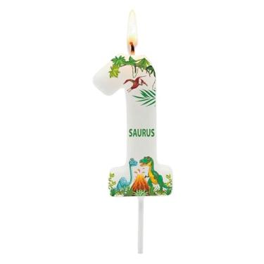 Imagem de Vela número 1 de dinossauro – Topo de bolo com tema de dinossauro para decoração de primeiro aniversário de meninos, decoração de aniversário One a Saurus, suprimentos de festa