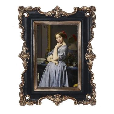 Imagem de PARAFAYER Porta-retrato vintage de 10 x 15 cm, moldura para fotos antigas, preto retangular inspirado com decoração floral dourada, exibição de parede e mesa, frente de vidro de alta definição, galeria de arte de decoração de casa retrô (preto envelhecido e dourado 10 x 15 cm)