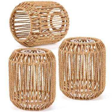 Imagem de Glooglitter Pacote com 3 persianas de macramê boho de vime, capas de corda tecidas à mão, para luminária de mesa pendente, conjunto de abajures de tecido cilíndrico pequeno, 12 x 14 cm, macramê para