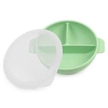 Imagem de Pratinho com tampa, divisória e ventosa em silicone para bebês. Verde.