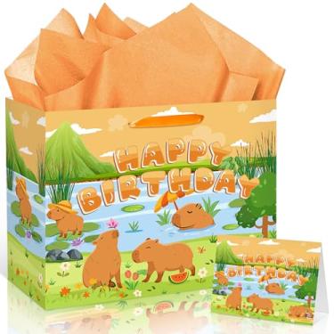 Imagem de Capybara Bolsa de presente de aniversário fofa capivara saco de papel de embrulho com papel de seda cartão de felicitações amarelo capivara lembrancinhas de festa para crianças, meninos, meninas