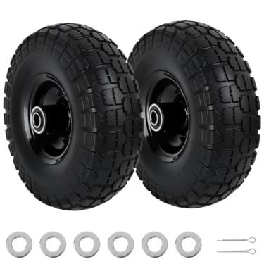 Imagem de Pneus sólidos de 25,4 cm, pacote com 2, rodas planas de 4,10/3,50-4 com rolamentos selados duplos e furo de 5/20.3 cm - Substituição resistente para carrinhos de mão, cortadores de grama, carrinhos