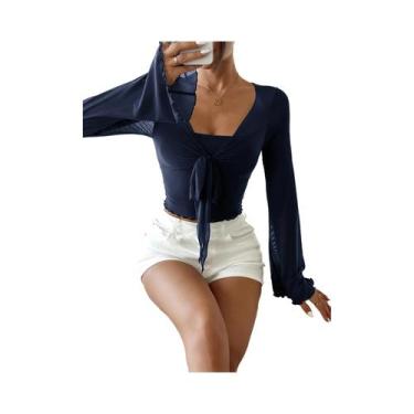 Imagem de Camiseta Feminina Y2K Floral Com Decote Em V, Manga Flare Com Renda E 