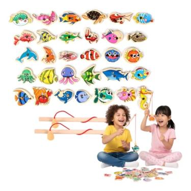 Imagem de Pescaria Magnética de Madeira Infantil Educativa Montessori 30 peixinhoseixinhos Coloridos, 2 Varas, Brinquedo Educativo