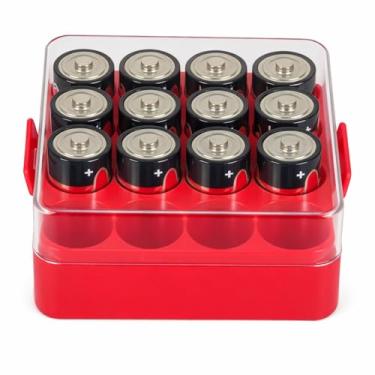 Imagem de ALCYON Estojo organizador de bateria, caixa de compartimento de bateria para 16 baterias C, suporte de bateria protetor de plástico transparente para viagem/casa/escritório (vermelho, médio)