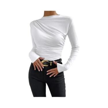Imagem de Camiseta Cropped Feminina De Manga Longa Branca Básica Com Decote Assi