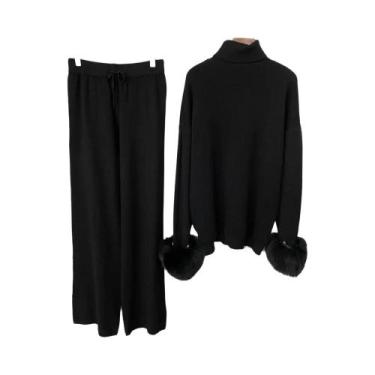 Imagem de Conjunto Feminino De Suéter Com Punhos De Pele De Raposa Natural E Cal