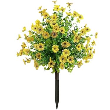 Imagem de Arbustos artificiais para ambientes externos, arbustos falsos ao ar livre, plantas realistas resistentes a UV com flores violetas e estaca para decoração ao ar livre