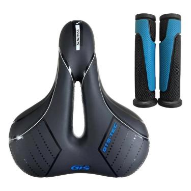 Imagem de Kit Selim Sela Bike Largo Macio Gts Vazado Com Mano Azul