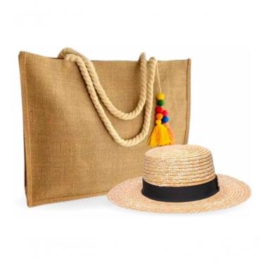 Imagem de Kit Chapéu Paris E Bolsa Palha Juta Zíper Praia Verão Moda Piscina Cor:palha