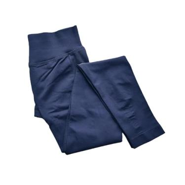 Imagem de tincolia Calça legging feminina Scrunch sem costura, ioga, academia, esportiva, faixa baixa com nervuras, alta elasticidade, meia-calça fitness - azul marinho GG