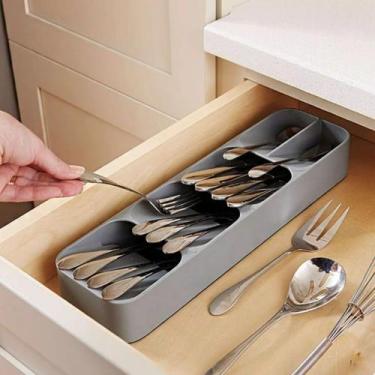 Imagem de Organizador Suporte Porta Talheres Gaveta Cinza Cozinha Compartimentos