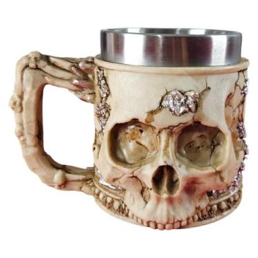 Imagem de Caneca 3D em Resina Crânio Caveira Medieval Viking Decorativa Em Aço I
