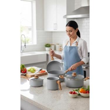 Imagem de Jogo 5 Panelas Antiaderente Cerâmica Easy Cinza  Não Gruda - Congratul