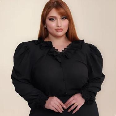 Imagem de Blusa Feminina Plus Size Manga Longa Gola V Rendinha Babado - G-Store,