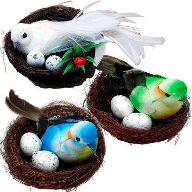 Imagem de Enfeite Decorativo Kit 36 Passarinho no Ninho para Decoração Artesanal com Ovos Azul Verde Marrom Branco Outras Marcas