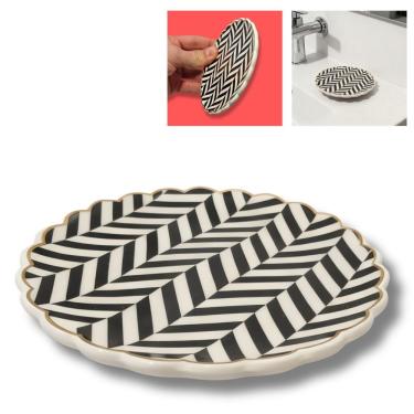 Imagem de Saboneteira Prato Decorativo Cerâmica Listras Pretas e Douradas Redondo 12cm Mart