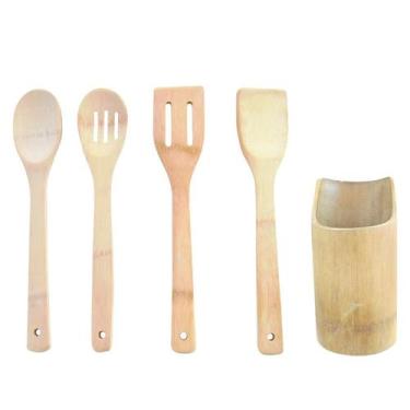 Imagem de Conjunto utensílios bambu 4 peças com suporte - Dolce Home, BEGE