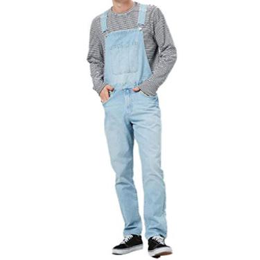 Imagem de WSLCN Calça Jeans Suspensório Macacão Jeans Masculino com Alça Ajustável Azul claro Tamanho GG