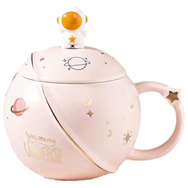 Imagem de Caneca de astronauta com colher de urso de cerâmica xícara de café de cerâmica de desenho infantil caneca de leite xícara de chá presente de aniversário escritório casa (you are my universe pink)