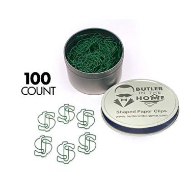 Imagem de Butler in the Home – Placa de dólar com clipes de papel em formato de $ ótimo para colecionadores de clipe de papel ou presente de escritório – vem em lata redonda com tampa e caixa de presente, 100 Count Green