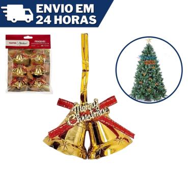 Imagem de Enfeite Natal Sino Merry Christmas com laço 6 unidades Dourado