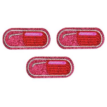 Imagem de Umama Conjunto de 3 adesivos com glitter rosa cápsula medicinal vitamina desenho animado adesivo fofo pílula ferro em apliques bordados máquina bordado agulha artesanato projetos faça você mesmo