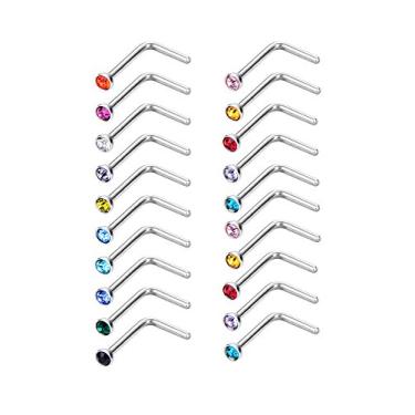 Imagem de Sumind Piercing de nariz 20 peças de anéis de nariz em forma de L 20 g aço inoxidável cirúrgico piercing joias 2 mm para homens e mulheres, 15 cores