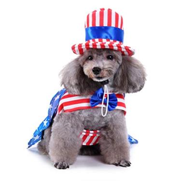 Imagem de Fantasia de cachorro POPETPOP – Fantasia de cachorro estilo bandeira dos EUA roupas listradas para animais de estimação com chapéu dos EUA para Dia Independente ou Dia Memorial – Tamanho P (menino)
