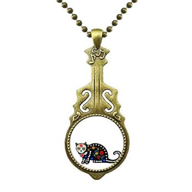 Imagem de DIYthinker Colar de osso de flor de gato preto Halloween Terror Joias de guitarra antiga pingente de música