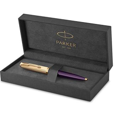 Imagem de Parker Caneta esferográfica 51, barril de ameixa com acabamento dourado, ponta média com tinta preta, caixa de presente