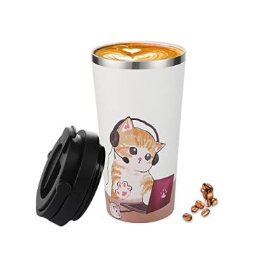 Imagem de Funkrin Caneca de café isolada com revestimento cerâmico, copo de café gelado de 473 ml com tampa e alça, caneca de viagem à prova de vazamento a vácuo de parede dupla para escritório, escola, festa
