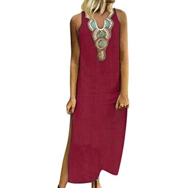 Imagem de Vestidos maxi femininos sem mangas divididos, cor sólida, decote em v, vestido longo solto, plus size, vestido maxi para mulheres (Z1-Wine, M)