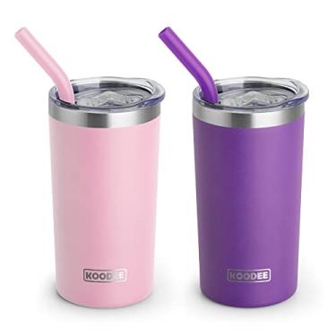 Imagem de koodee Copo infantil, copo de 350 ml com tampa e palha-copo isolado a vácuo de parede dupla de aço inoxidável para crianças, mulheres (rosa-roxo)