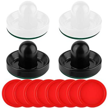 Imagem de Coopay Air Hockey Empurradores e discos de hóquei vermelho, alças de goal, acessórios de substituição para mesas de jogo (4 Striker, 8 discos) (branco e preto)